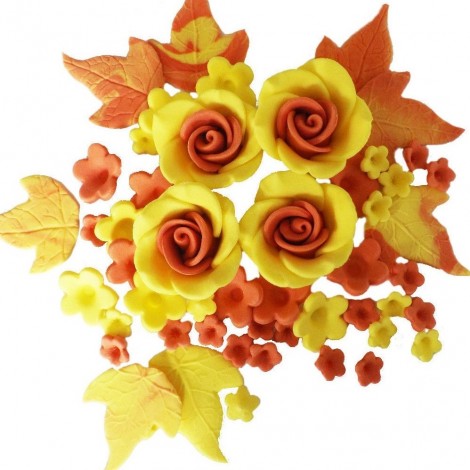 Geltonos, oranžinės spalvos gėlių rinkinys su rožėmis