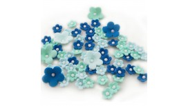 Cukrinė dekoracija tortams ar keksiukams Mėlynų atspalvių gėlytės su baltais perlais