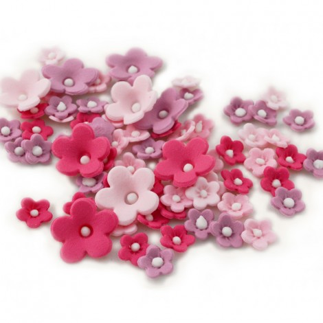 Cukrinė dekoracija tortams ar keksiukams Rožinių Alyvinių atspalvių gėlytės su perliukais