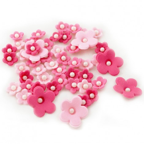 Cukrinė dekoracija tortams ar keksiukams Rožinių atspalvių gėlytės su baltais perlais
